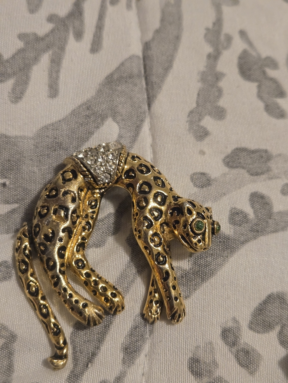 Gold-Tone Leopard Brooch with Green Accent and Clear Crystal Detail